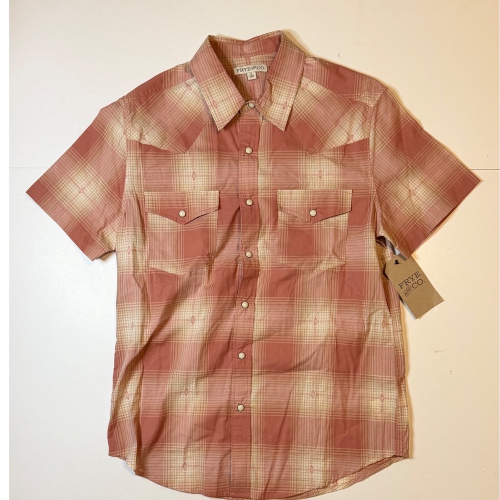 Frye and Co. Western Shirt Mens Small Pink Plaid Short Sleeve Pearl Snap NWT